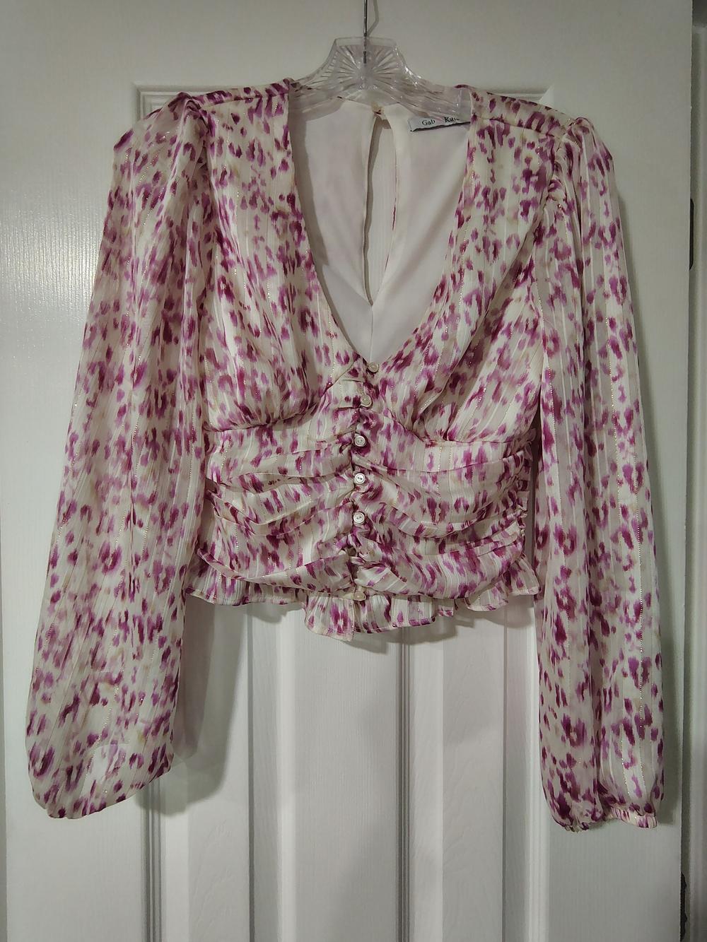 Gab&Kate Long Sleeve Ruffle Blouse in Pink and Cream